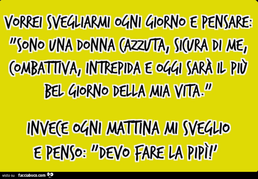 Vorrei svegliarmi ogni giorno e pensare: "Sono una donna cazzuta, sicura di me, combattiva, intrepida e oggi sarà il più bel giorno della mia vita. " Invece ogni mattina mi sveglio e penso: "Devo fare la pipì! '