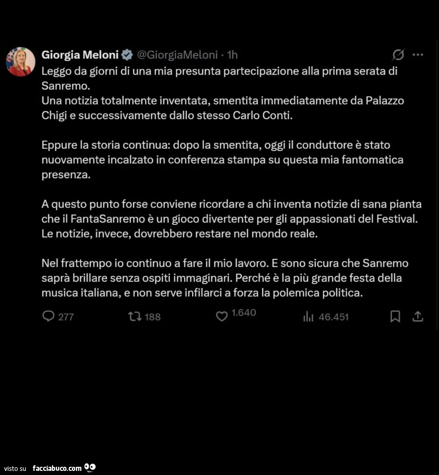 Giorgia Meloni: leggo da giorni di una mia presunta partecipazione alla prima serata di sanremo. Una notizia totalmente inventata