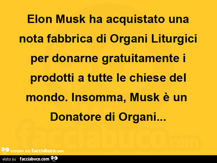 Elon musk ha acquistato una nota fabbrica di organi liturgici per donarne gratuitamente i prodotti a tutte le chiese del mondo. Insomma, musk è un donatore di organi