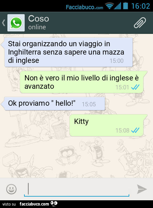 Stai organizzando un viaggio in Inghilterra senza sapere una mazza di inglese. Non è vero il mio livello di inglese è avanzato. Ok proviamo " hello! ". Kitty