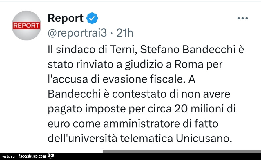 Il sindaco di terni, stefano bandecchi è stato rinviato a giudizio a roma per l'accusa di evasione fiscale