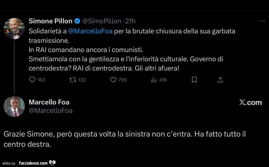 Solidarietà a Marcello Foa per la brutale chiusura della sua garbata trasmissione. In rai comandano ancora i comunisti. Grazie simone, però questa volta la sinistra non c'entra. Ha fatto tutto il centro destra