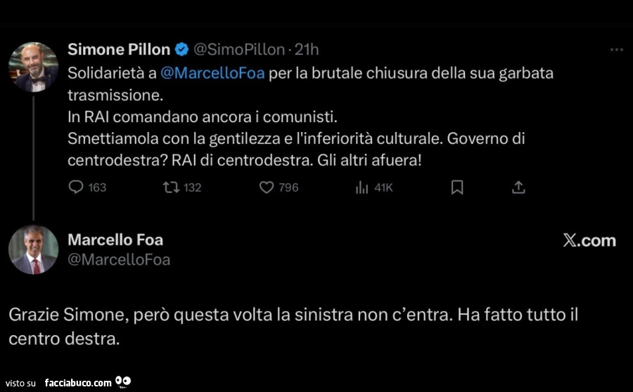 Solidarietà a Marcello Foa per la brutale chiusura della sua garbata trasmissione. In rai comandano ancora i comunisti. Grazie simone, però questa volta la sinistra non c'entra. Ha fatto tutto il centro destra