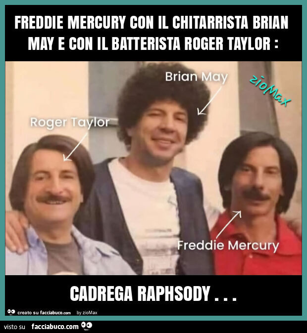 Freddie mercury con il chitarrista brian may e con il batterista roger taylor: cadrega raphsody