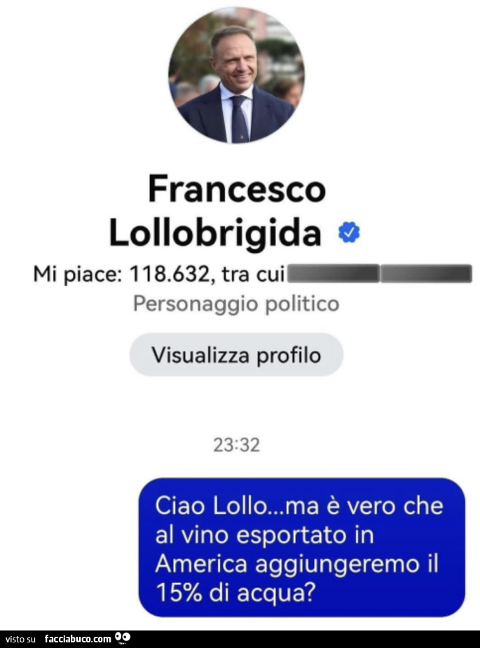 Francesco Lollobrigida. Ciao lollo… ma è vero che al vino esportato in america aggiungeremo il 15% di acqua?