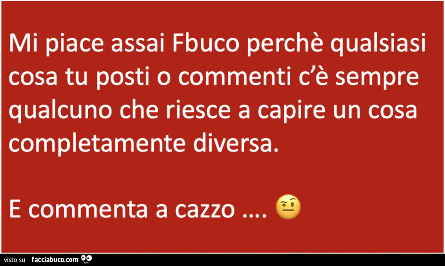 Mi piace assai fbuco perchè qualsiasi cosa tu posti o commenti c'è sempre qualcuno che riesce a capire un cosa completamente diversa. E commenta a cazzo