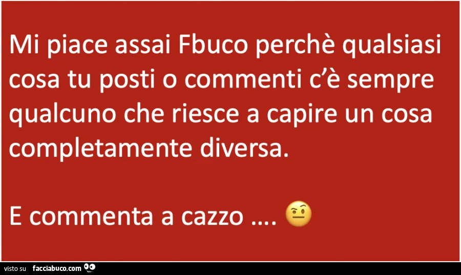 Mi piace assai fbuco perchè qualsiasi cosa tu posti o commenti c'è sempre qualcuno che riesce a capire un cosa completamente diversa. E commenta a cazzo