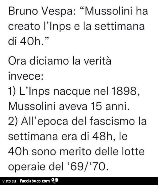 Bruno vespa: mussolini ha creato l'inps e la settimana di 40h