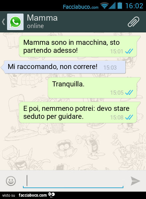 Mamma sono in macchina, sto partendo adesso! Mi raccomando, non correre! Tranquilla. E poi, nemmeno potrei: devo stare seduto per guidare