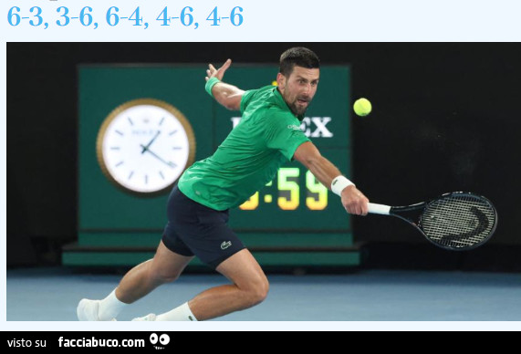 Djokovic batte Sinner 3-6, 6-3, 4-6, 6-4, 6-4
