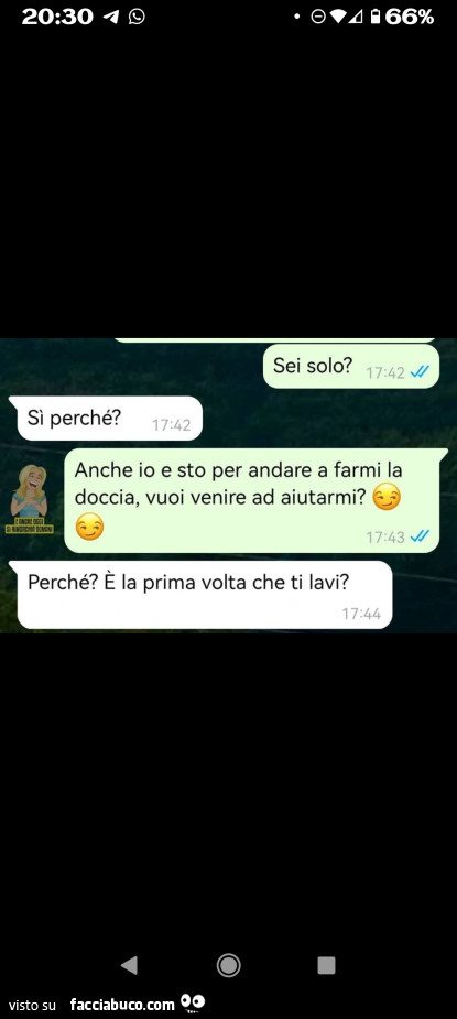 Sei solo? Si perchè. Anche io e sto per andare a farmi la doccia, vuoi venire ad aiutarmi? Perché? È La prima volta che ti lavi?