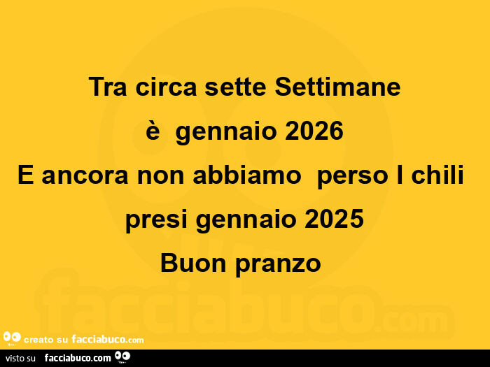 Tra circa sette Settimane è gennaio 2026 e ancora non abbiamo perso I chili presi gennaio 2025. Buon pranzo 