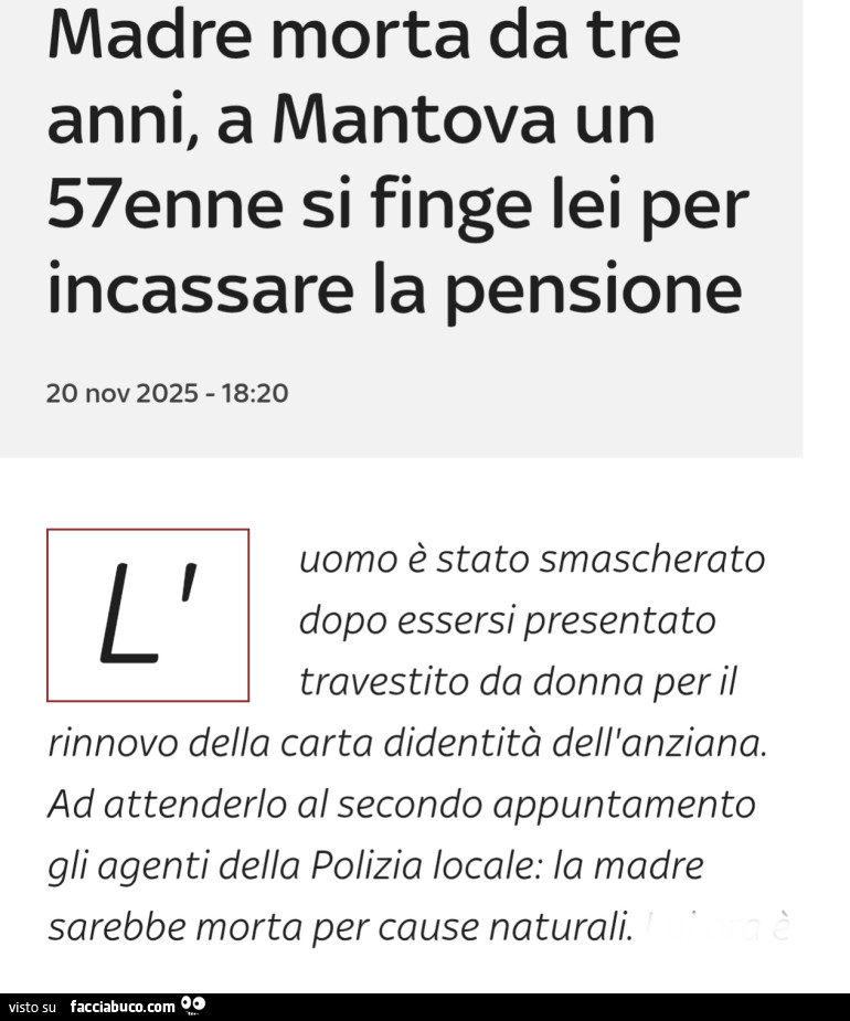 Madre morta da tre anni, a mantova un 57enne si finge lei per incassare la pensione