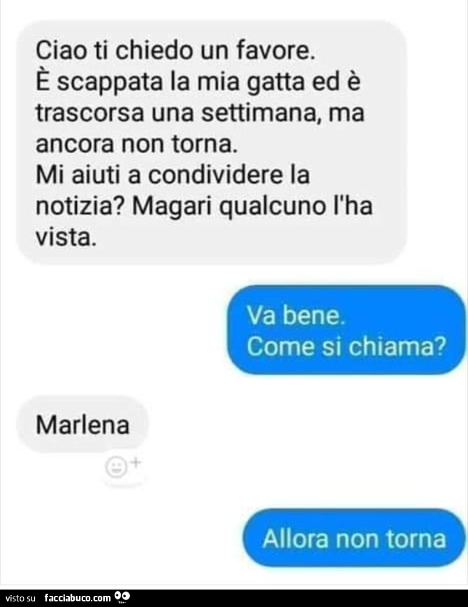Ciao ti chiedo un favore. ร Scappata la mia gatta ed รจ trascorsa una settimana, ma ancora non torna. Mi aiuti a condividere la notizia? Magari qualcuno l'ha vista. Va bene. Come si chiama? Marlena. Allora non torna
