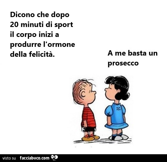 Dicono che dopo 20 minuti di sport il corpo inizi a produrre l'ormone della felicità. A me basta un prosecco