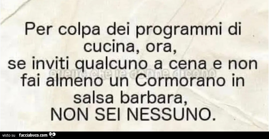 Per colpa dei programmi di cucina, ora, se inviti qualcuno a cena e non fai almeno un Cormorano in salsa barbara NON SEI NESSUNO