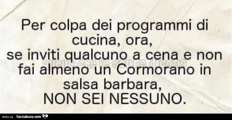 Per colpa dei programmi di cucina, ora, se inviti qualcuno a cena e non fai almeno un Cormorano in salsa barbara NON SEI NESSUNO