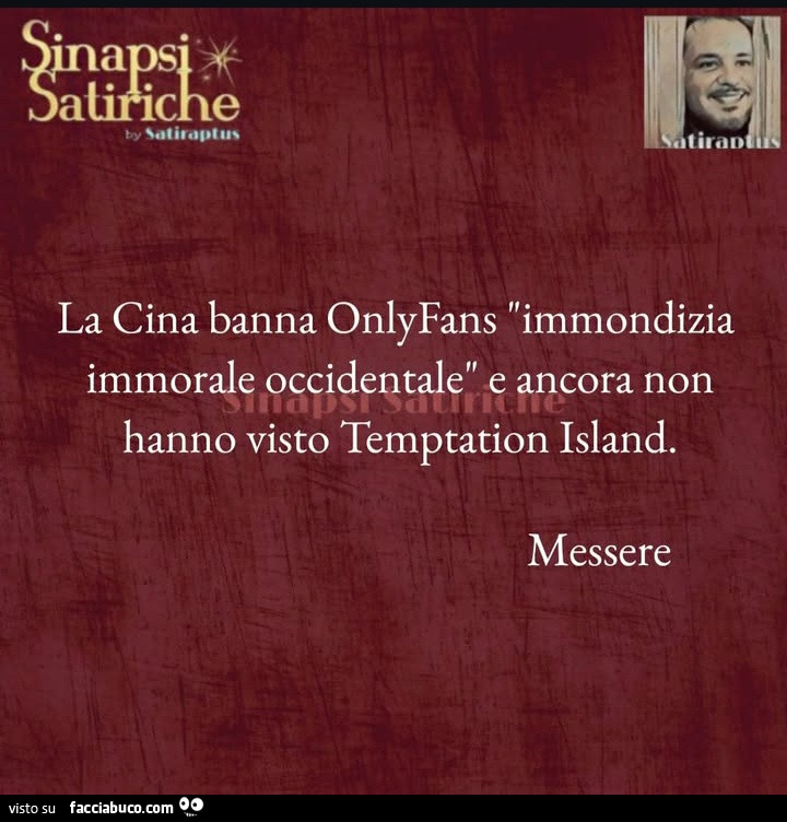 La cina banna onlyfans immondizia immorale occidentale. E ancora non hanno visto temptation island