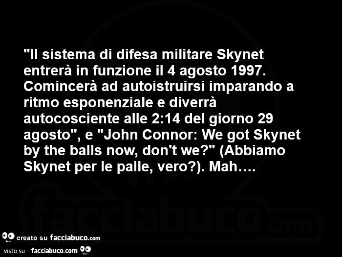 Il sistema di difesa militare skynet entrerà in funzione il 4 agosto 1997. Comincerà ad autoistruirsi imparando a ritmo esponenziale e diverrà autocosciente