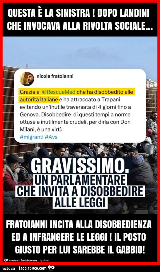 Questa è la sinistra! Dopo landini che invocava alla rivolta sociale… fratoianni incita alla disobbedienza ed a infrangere le leggi! Il posto giusto per lui sarebbe il gabbio