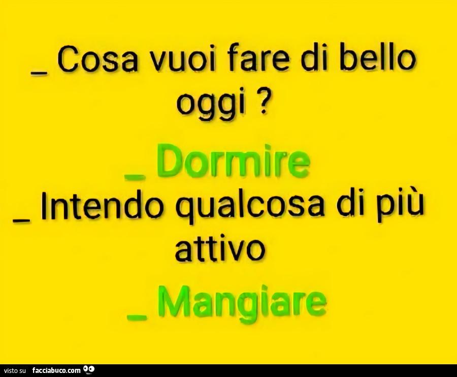 Cosa vuoi fare di bello oggi? Dormire. Intendo qualcosa di più attivo. Mangiare