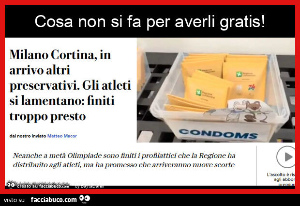 Cosa non si fa per averli gratis! Finiti i preservativi alle Olimpiadi Milano-Cortina 2026