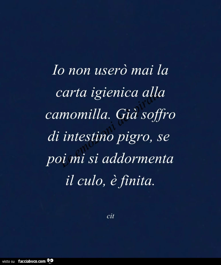 Io non userรฒ mai la carta igienica alla camomilla. Giร soffro di intestino pigro, se poi mi si addormenta il culo, รจ finita