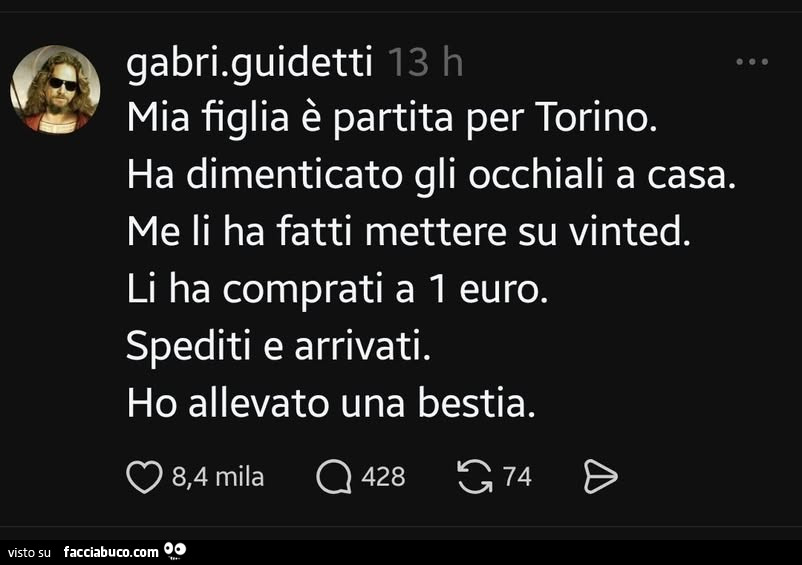 Mia figlia è partita per torino. Ha dimenticato gli occhiali a casa. Me li ha fatti mettere su vinted. Li ha comprati a 1 euro. Spediti e arrivati. Ho allevato una bestia