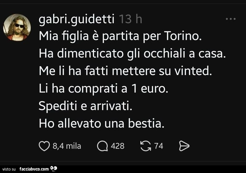 Mia figlia è partita per torino. Ha dimenticato gli occhiali a casa. Me li ha fatti mettere su vinted. Li ha comprati a 1 euro. Spediti e arrivati. Ho allevato una bestia