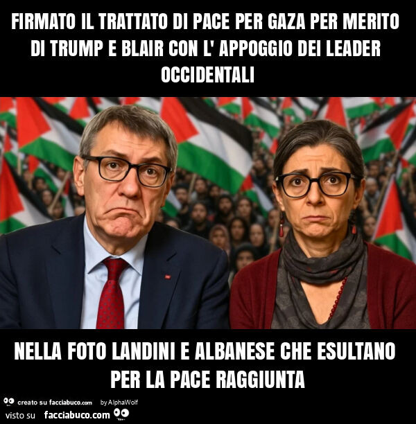 Firmato il trattato di pace per gaza per merito di trump e blair con l' appoggio dei leader occidentali nella foto landini e albanese che esultano per la pace raggiunta