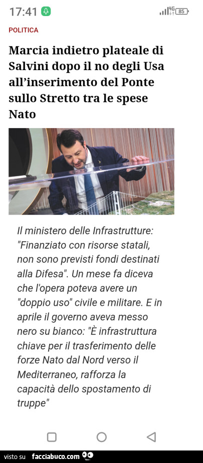 Marcia indietro plateale di salvini dopo il no degli usa all'inserimento del ponte sullo stretto tra le spese nato
