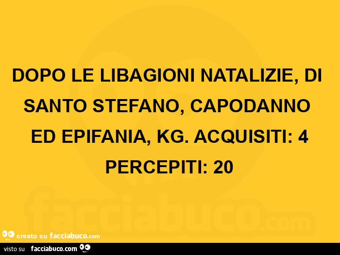 Dopo le libagioni natalizie, di santo stefano, capodanno ed epifania, kg. Acquisiti: 4 percepiti: 20