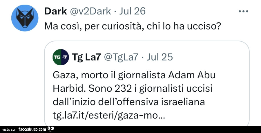 Ma così, per curiosità, chi lo ha ucciso? Gaza, morto il giornalista adam abu harbid. Sono 232 i giornalisti uccisi dall'inizio dell'offensiva israeliana