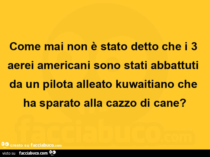 Come mai non è stato detto che i 3 aerei americani sono stati abbattuti da un pilota alleato kuwaitiano che ha sparato alla cazzo di cane?