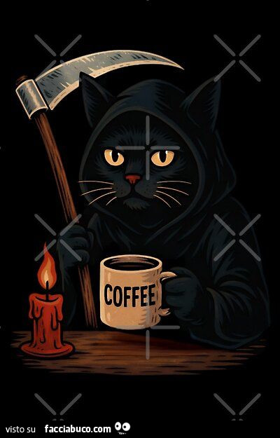 Gatto nero con falce e caffรจ