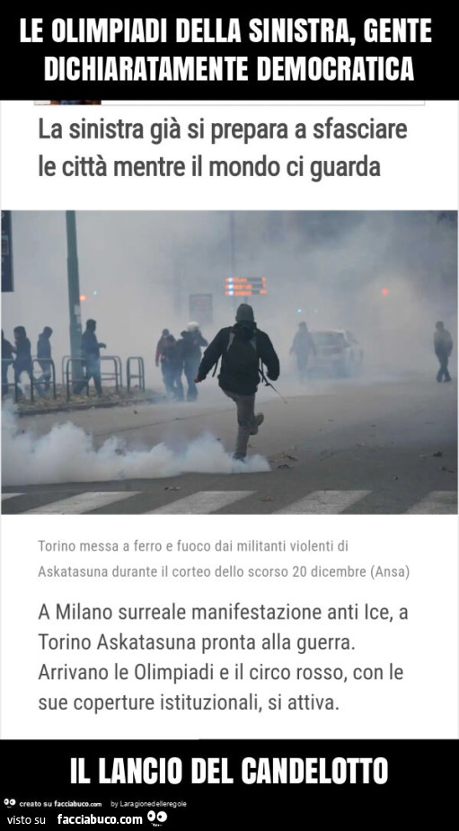 Le olimpiadi della sinistra, gente dichiaratamente democratica il lancio del candelotto