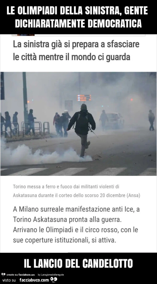 Le olimpiadi della sinistra, gente dichiaratamente democratica il lancio del candelotto