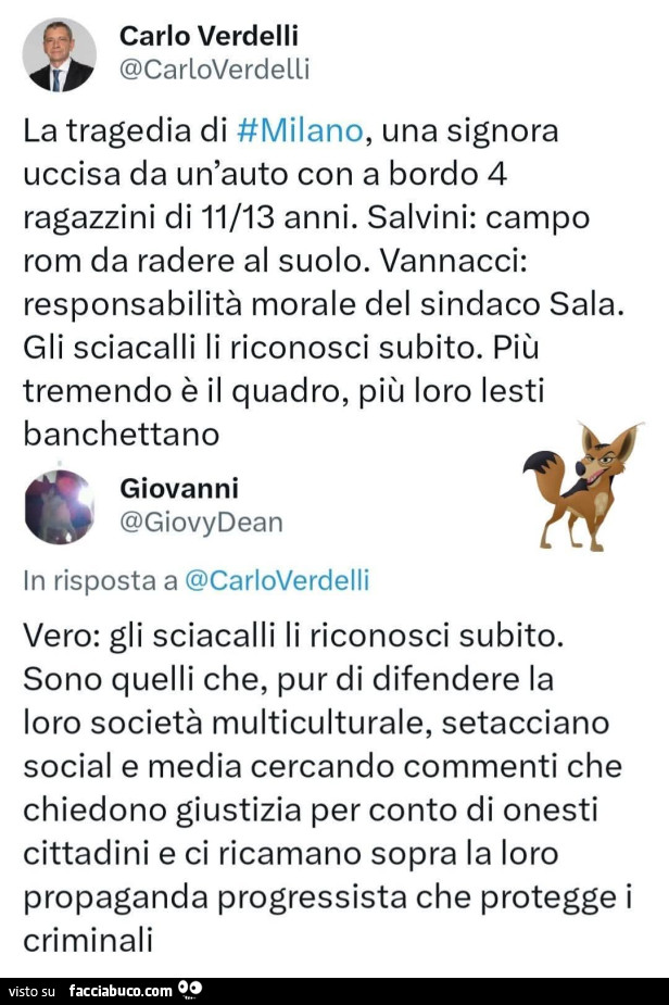 La tragedia di milano, una signora uccisa da un'auto con a bordo 4 ragazzini di 11/13 anni. Salvini: campo rom da radere al suolo. Vannacci: responsabilità morale del sindaco sala