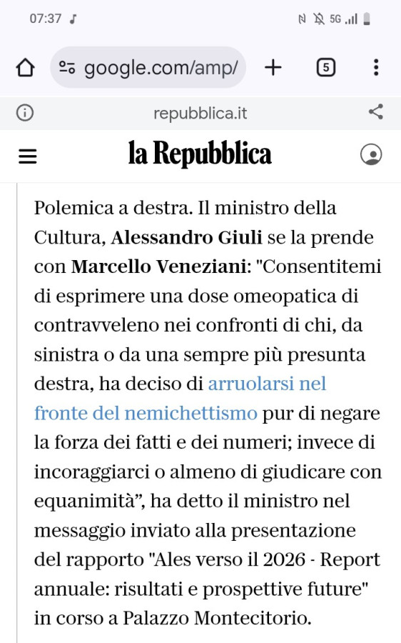 Polemica a destra. Il ministro della cultura, alessandro giuli se la prende con marcello veneziani: consentitemi di esprimere una dose omeopatica di contravveleno nei confronti di chi, da sinistra o da una sempre più presunta destra, ha deciso di arruolar