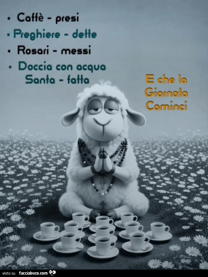 Caffè presi preghiere dette rosari messi doccia con acqua santa fatta e che la giornata cominci pecora