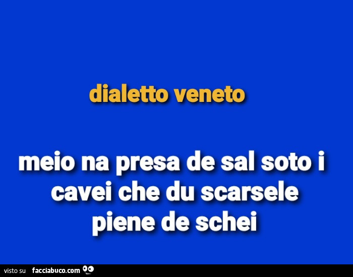 Dialetto veneto. Meio na presa de sal soto i cavei che du scarsele piene de schei
