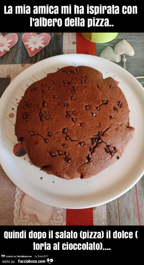 La mia amica mi ha ispirata con l'albero della pizza. Quindi dopo il salato (pizza) il dolce ( torta al cioccolato)