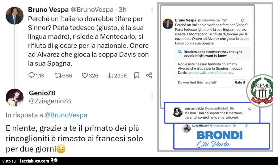 Bruno Vespa: perché un italiano dovrebbe tifare per sinner? Parla tedesco (giusto, è la sua lingua madre), risiede a montecarlo, si rifiuta di giocare per la nazionale