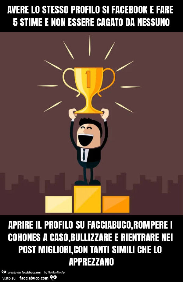 Avere lo stesso profilo si facebook e fare 5 stime e non essere cagato da nessuno aprire il profilo su facciabuco, rompere i cohones a caso, bullizzare e rientrare nei post migliori, con tanti simili che lo apprezzano