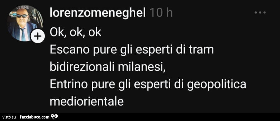 Ok, ok, ok escano pure gli esperti di tram bidirezionali milanesi, entrino pure gli esperti di geopolitica mediorientale