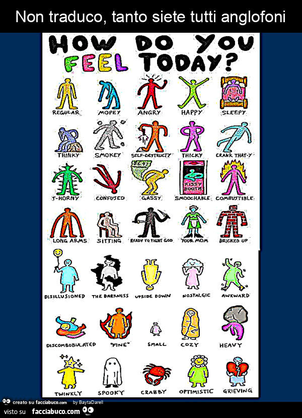 Non traduco, tanto siete tutti anglofoni. How do you feel today?