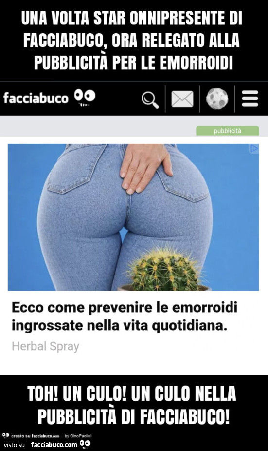 Una volta star onnipresente di facciabuco, ora relegato alla pubblicitร per le emorroidi toh! Un culo! Un culo nella pubblicitร di facciabuco