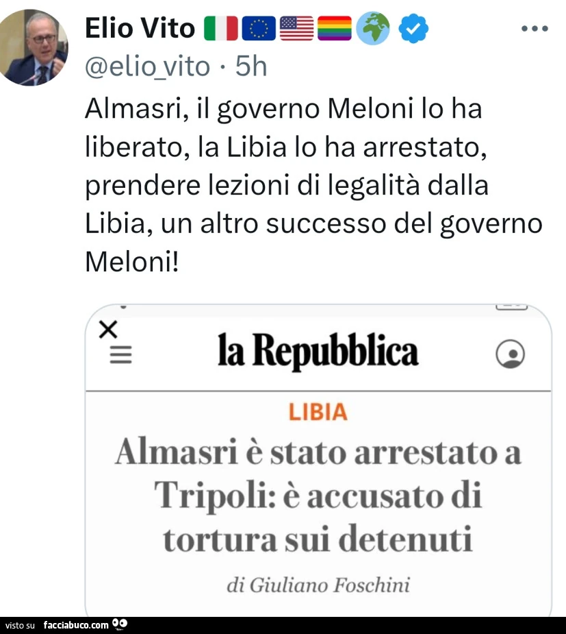 Almasri, il governo meloni lo ha liberato, la libia lo ha arrestato, prendere lezioni di legalità dalla libia, un altro successo del governo meloni