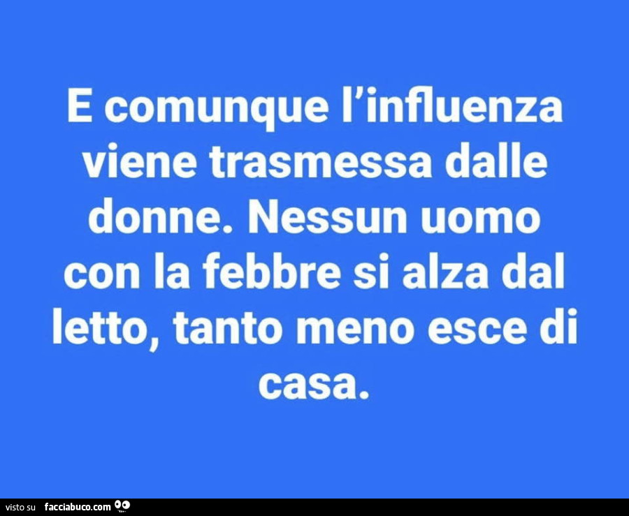 E comunque l'influenza viene trasmessa dalle donne. Nessun uomo con la febbre si alza dal letto, tanto meno esce di casa