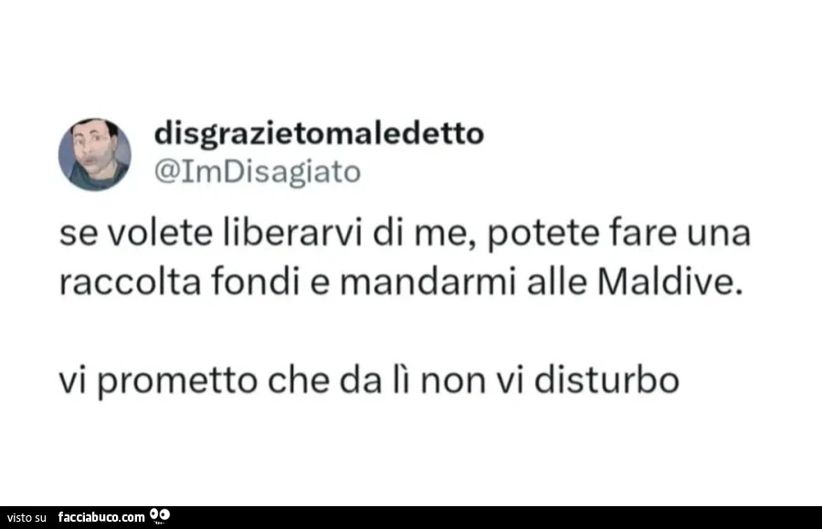 Se volete liberarvi di me potete fare una raccolta fondi e mandarmi alle Maldive vi prometto che da lรฌ non vi disturbo